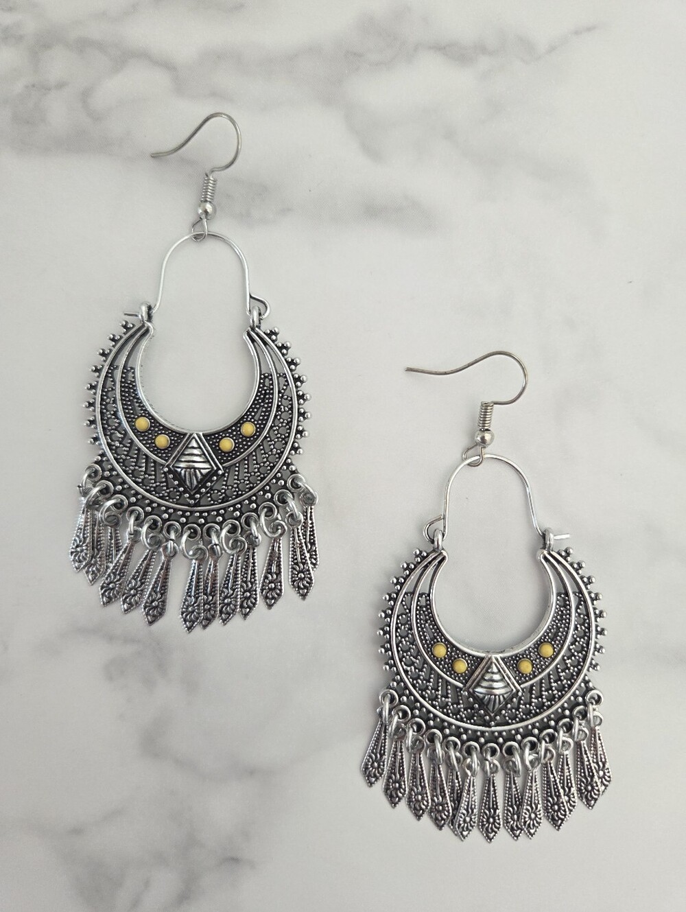 ​Paparazzi Silver Boho Crescent Fringe Statement Earrings Yellow Accents - Picture 5 of 11